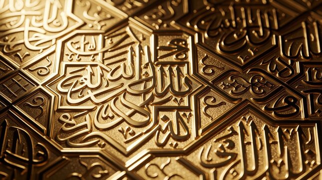 Intricate gold Islamic calligraphy adorns a geometric pattern. Elegant Arabic script on luxurious textured surface. High detail arabesque art, sacred text bas-relief.