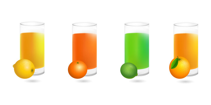 Juice glasses with citrus fruits on transparent background