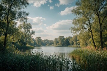 Naklejka premium Summer landscape with calm lake surrounded by rich green forest. Tall trees, reeds grow near water edge under blue sky with white clouds. Peaceful nature scene for outdoor travel ecology background.