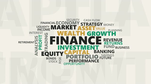 4K Finance word cloud animation featuring investment, growth, profit, revenue and financial strategy terms forming a dynamic corporate composition for business presentations and financial content.