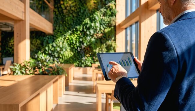 Male business strategist pointing at chart on tablet in sustainable co-working space