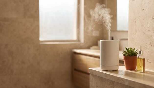 Ceramic essential oil diffuser emitting steam on a shelf in a modern home spa environment