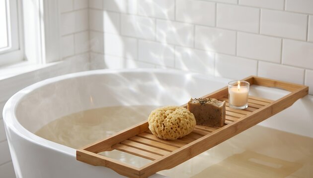 Bamboo bath tray with natural sea sponge and organic soap over a bathtub in a bright bathroom