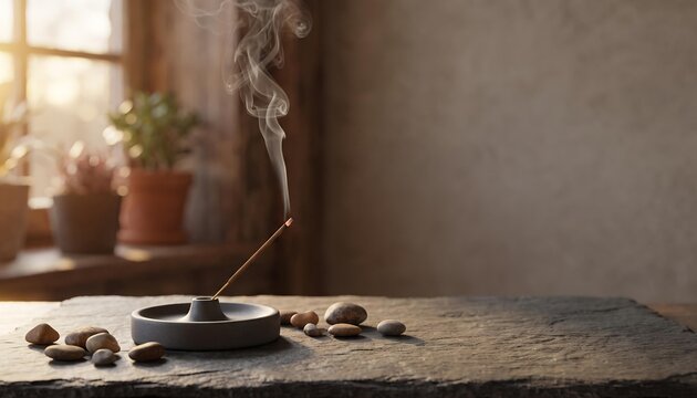 Burning incense stick in ceramic holder with smoke trail on slate stone for meditation and spa