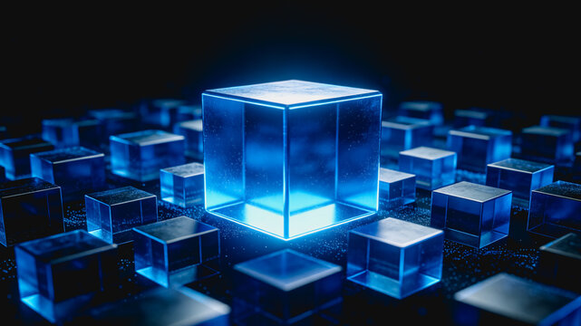 3D rendered glowing transparent cubes arranged to visualize blockchain and digital network concepts in a futuristic style.