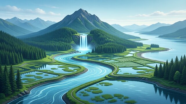 Illustrated mountain watershed with a river wetlands waterfall and coastal lake system