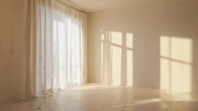 Sunlight moving across empty room with curtains
