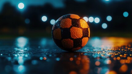 Naklejka premium The image features a close up view of a soccer ball resting on a wet surface, illuminated by colorful lights in the background