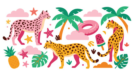 Obraz premium Tropical cheetah wildlife pattern with summer fruits and clouds.