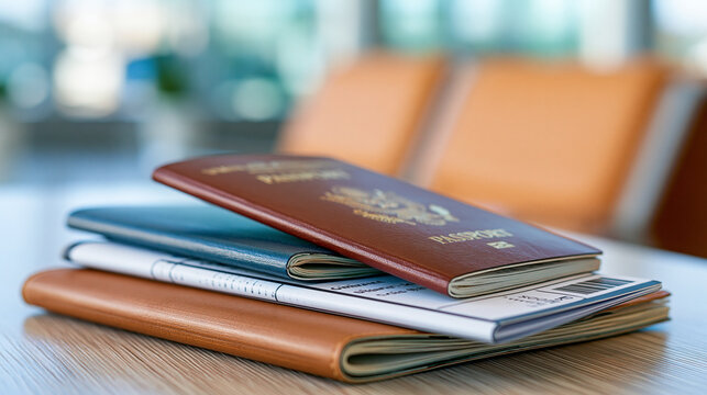 Closeup passports and boarding pass at airport indoor, defocused travel document detail, journey credential visualization, departure paperwork close view, with copy space