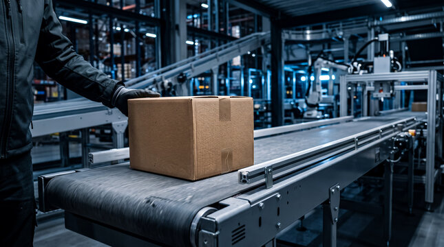 Worker placing a cardboard box on a modern conveyor belt in a smart automated factory warehouse
