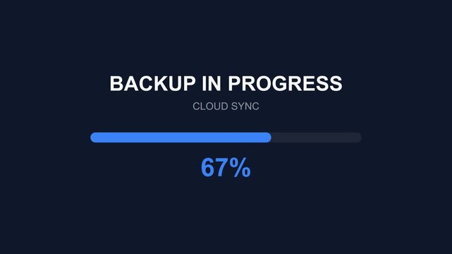 Dynamic cloud backup process, progress bar animation from 17% to 100%, seamless loop, symbolizing data security and synchronization.