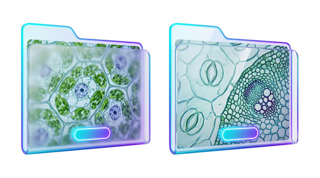 Glassmorphism File Folders with Cyan-Purple Neon Glow Displaying Plant Cell and Stomata Microscope Imagery