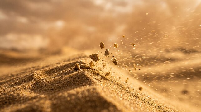 Close up action shot of sand particles blowing off desert dune crest during intense windstorm, conveying extreme desert weather