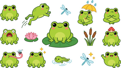 Fototapeta premium Cute Cute Frog Character Icon Set with Kawaii Green Toads Jumping Eating Flies Sitting on Lily Pad and Holding Umbrella Vectors