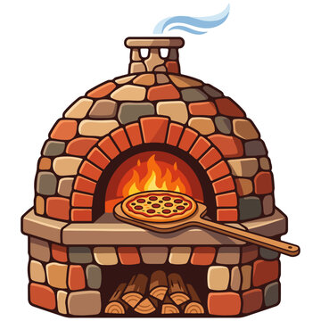 Cartoon Stone Pizza Oven with Pepperoni Pizza Vector Illustration