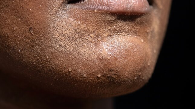 Close Up of Human Chin Skin with Small Raised Papules and Sweat Droplets