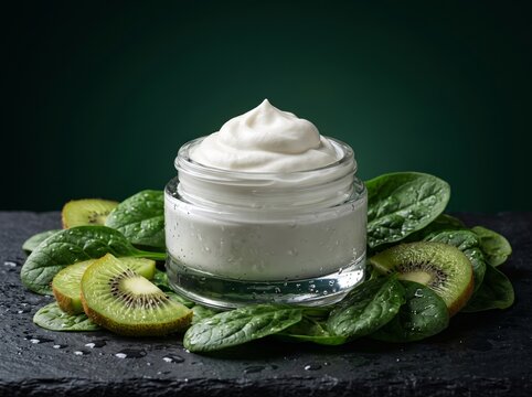A jar of luxurious white cream rests amidst a vibrant arrangement of fresh kiwi slices and green spinach leaves, presented on a dark, textured surface.