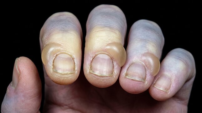 Severe Skin Blisters and Dyshidrotic Vesicles on Human Fingers Dark Background
