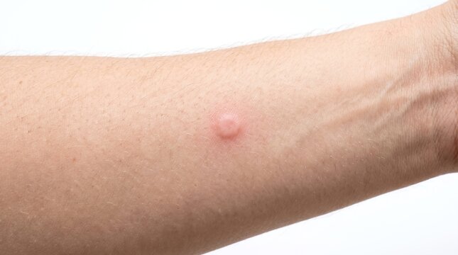 Raised Red Mosquito Bite Wheal with Inflammation on Forearm Skin Close Up
