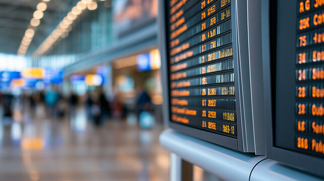 Main hall European airport main hall with black vintage mechanical flight information display board, flight arrivals and departures board, defocused travel schedule display, with