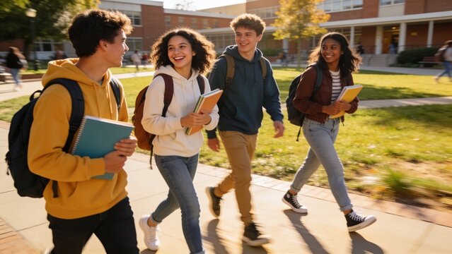 Diverse Group of Happy High School Students Walking Together Outside Campus Building Education Concept