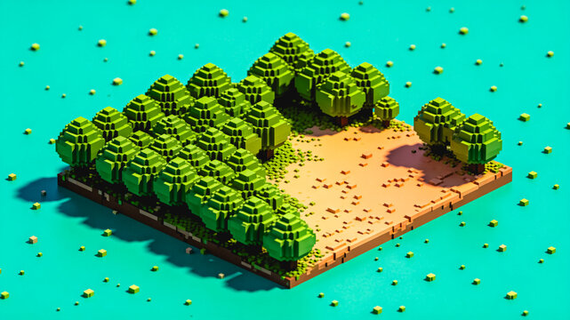 A 3D voxel rendered miniature landscape featuring a dense blocky forest adjacent to a small sandy clear patch.