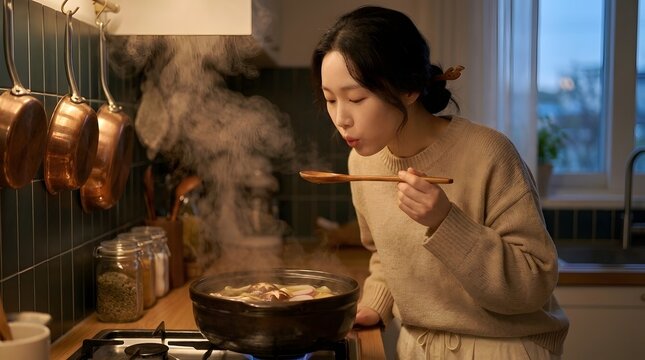 Young woman tasting soup from a wooden spoon while cooking in a modern kitchen with simmering pot