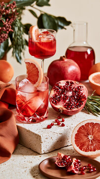 Elegant pomegranate and grapefruit cocktails styled with fresh fruit and herbs on natural stone, luxury wellness self-care beverage composition.