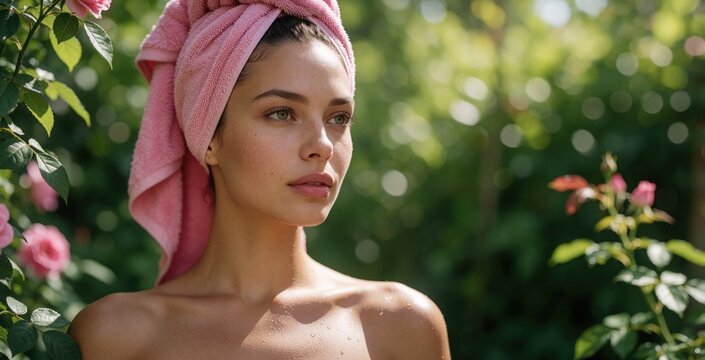 Young woman with pink towel wrapped on head in garden. Fresh skin, beauty care, wellness, relaxation. Nature background with roses. Peaceful, natural light.