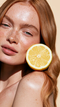 Woman with freckled skin and ginger hair holds a fresh lemon slice against her cheek, radiant glowing complexion for vitamin C skincare advertising.