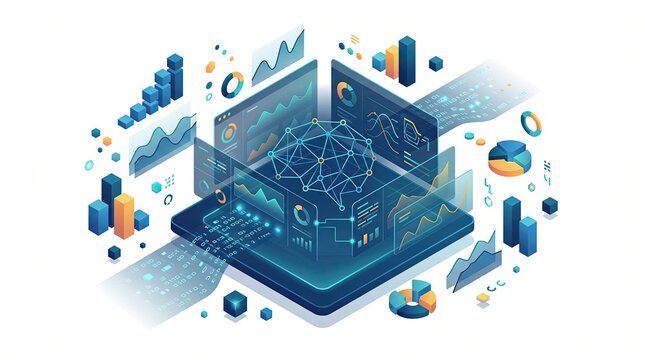Isometric artificial intelligence brain hologram connected to digital data dashboards and charts with AI brain data dashboard analytics charts isometric vector machine learning neural netwo