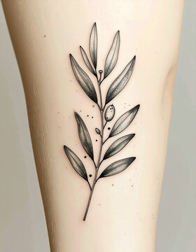 Minimalist olive branch illustration with delicate fine line botanical details
