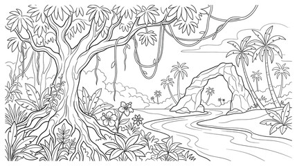 Obraz premium Jungle landscape coloring page with a winding river and stone arch.