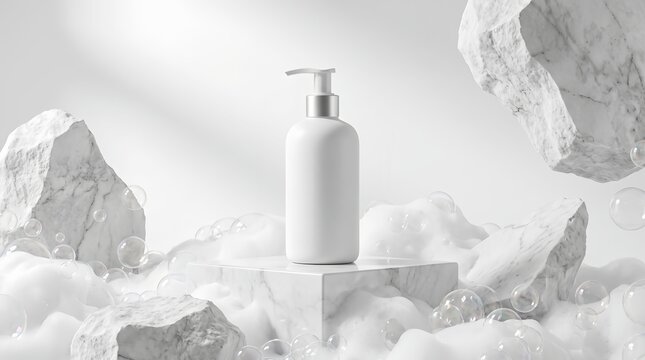 Minimalist white cosmetic bottle with silver pump on marble platform, surrounded by soft foam, bubbles and floating marble rocks. Bright neutral background, premium skincare mockup. 