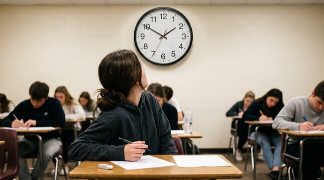 Female student looking up at wall clock during classroom exam, representing time limit pressure and test anxiety