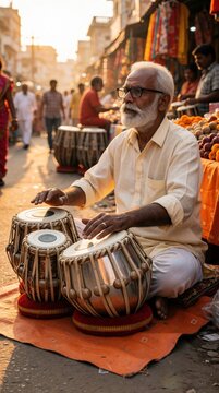 Elderly Indian man plays tabla drums on street. Musician with white beard sits on ground, creating rhythm in busy marketplace. People walk past stalls selling goods.