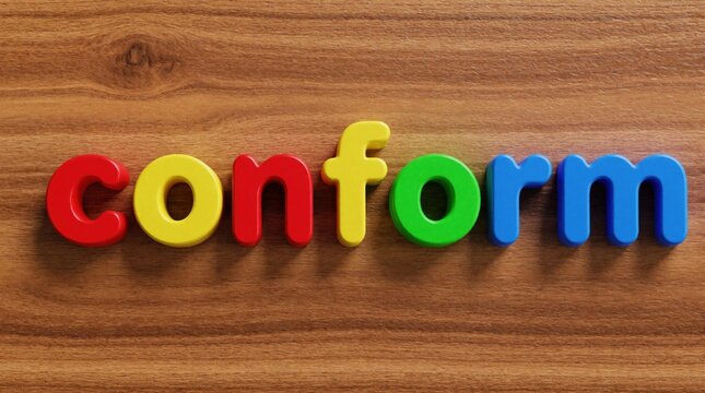 Colorful 3 D letters spell the word conform on a wooden surface. Letters are red yellow green and blue, placed on wood grain background. Bright playful text.