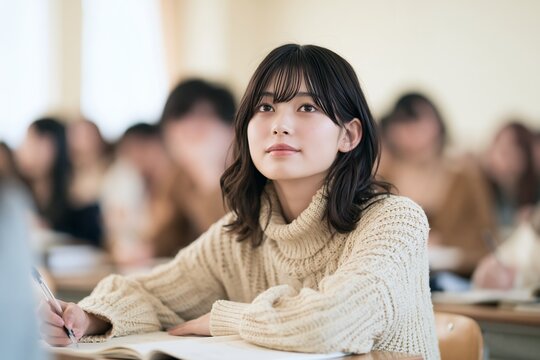 大学の教室で真剣に学ぶ日本人女子学生の集中する表情