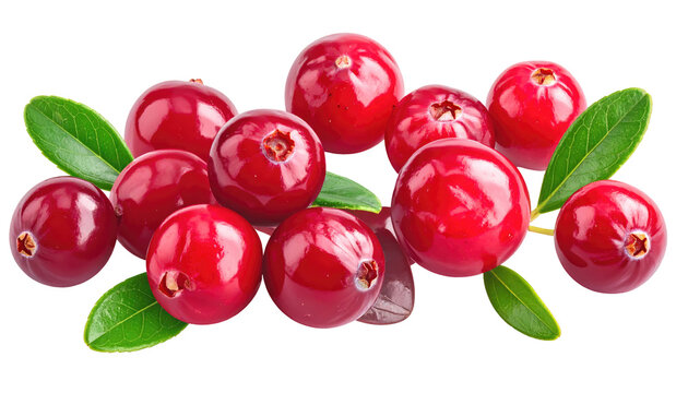 Glossy red cranberries with green leaves arranged on transparent background for food illustration, fresh and vibrant