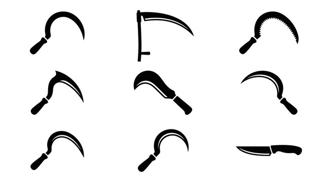 Collection of sickle and scythe tools.