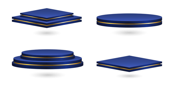 Four blue platforms with gold accents on transparent background