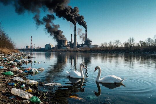 Two swans swim in polluted river near industrial plant belching smoke. Trash litters riverbank showing environmental damage. Blue sky contrasts with dark pollution.