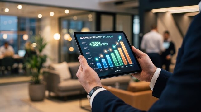 Business growth report displayed on tablet screen showing thirty eight percent year over year increase, financial bar chart analysis, quarterly revenue statistics
