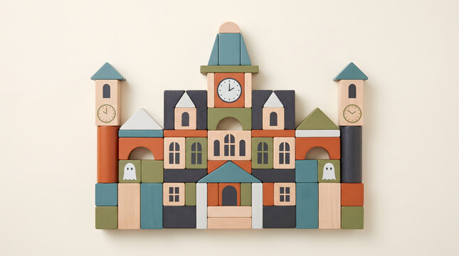 Spooky haunted castle made of wooden toy building blocks with ghosts and clock tower for kids Halloween concept