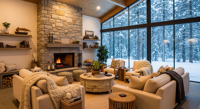 Modern rustic sunroom with beige sofas and armchairs around a wooden coffee table in front of a stone fireplace and snowy forest view background full hd download 2025 2026
