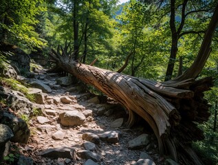 Fototapeta premium Fallen tree obstructs rocky forest trail in summer sunlight. Woodland path winds through lush green trees and mossy rocks. Natural scene shows decay and nature reclaiming.