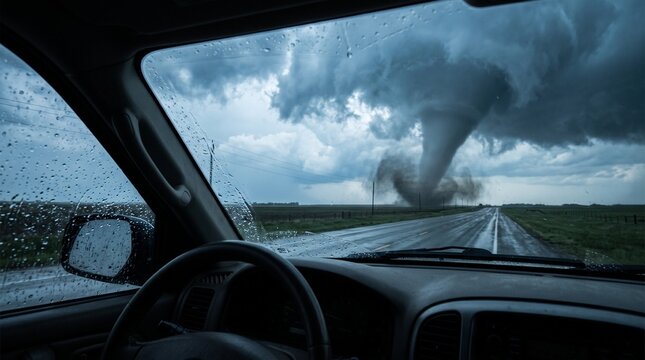 Powerful tornado vortex crossing empty rural highway viewed through rainy car windshield, representing severe weather hazard and extreme storm driving
