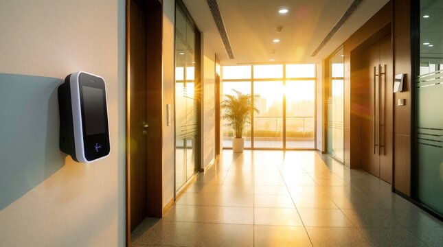 Modern biometric access control device on wall in bright corporate office lobby. Electronic card reader system ensures building security at sunrise. Sleek tech scanner installed near entrance for