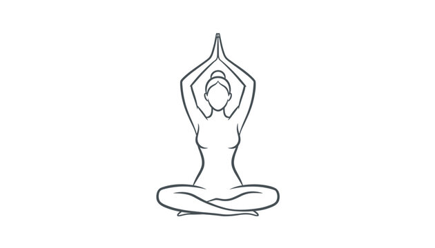 Line art illustration of a female figure practicing meditation in lotus yoga pose with her arms raised on white background.